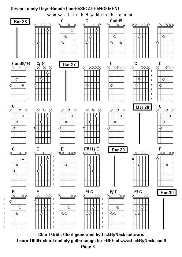 Chord Grids Chart of chord melody fingerstyle guitar song-Seven Lonely Days-Bonnie Lou-BASIC ARRANGEMENT,generated by LickByNeck software.